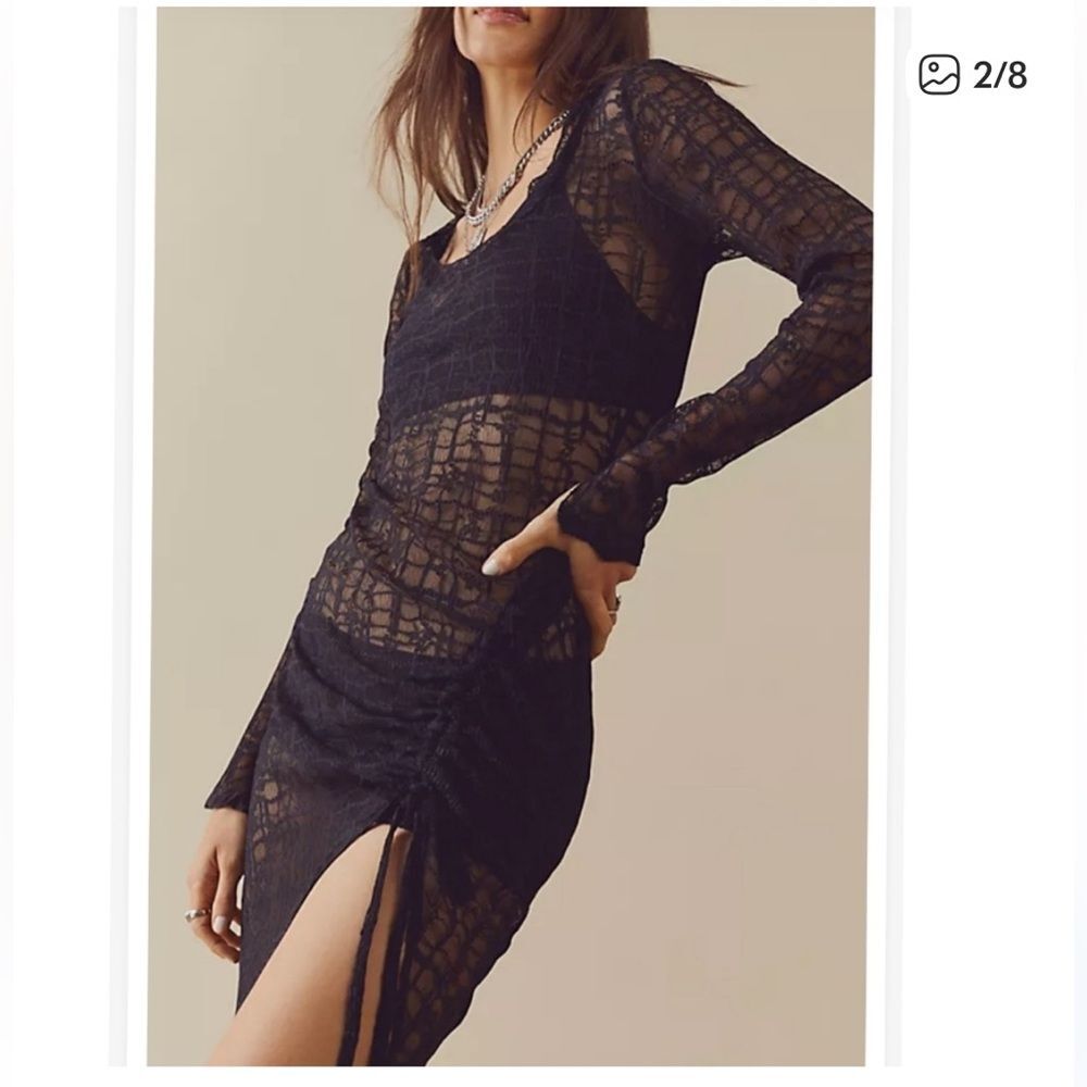 Free People Sabina Black Lace Midi Dress Small Sheer Mesh Ruched Slit Goth Boho